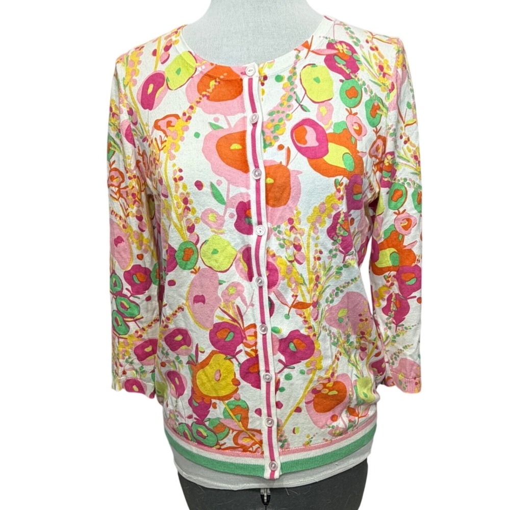 Talbots Womens Floral Charming‎ Cardigan Sweater 3/4 Sleeve Cotton Blend Small